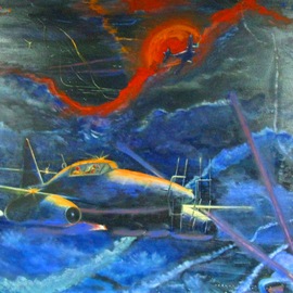 Marcin Regulski: 'Night defense of Berlin', 1999 Oil Painting, Aviation. Artist Description: aEURoeNight defense of BerlinaEURFebruary 1945. The latest technology aEUR