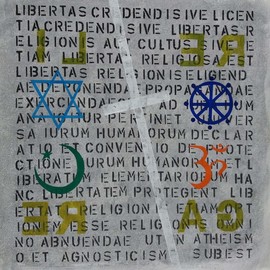 Jose Freitascruz: 're li ga re', 2018 Acrylic Painting, Political. Artist Description: commission for the 44th celebration of the portuguese revolution - freedom of religion - with the charter of the UN in the background. . . ...