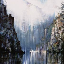Gabriel Bodnariu: 'danube river', 2017 Oil Painting, Figurative. Artist Description:  River, Water, Danube, Foggy, Mountains, art, gallery, ...