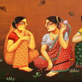 Gautam Mukherjee: 'gossip radha', 2023 Acrylic Painting, Figurative. Artist Description: Radhika is sitting with Krishna s flute, her companions are talking to Radha about Krishna. Radha listens to it very attentively sitting on the edge of a pond...
