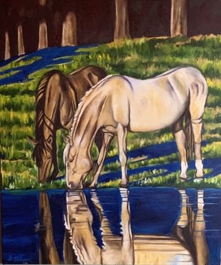 Gerardo Bolanos: 'bareback beauties', 2019 Oil Painting, Farm. I love painting horses and their reflections in the water. ...
