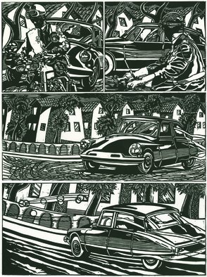 Geo Sipp: 'Citroen', 2012 Woodcut, Automotive.  Citroen is a woodcut, illustrating a scene of Algiers during the French- Algerian War. The image is part of a graphic novel entitled Wolves in the City, which I am currently illustrating.  ...