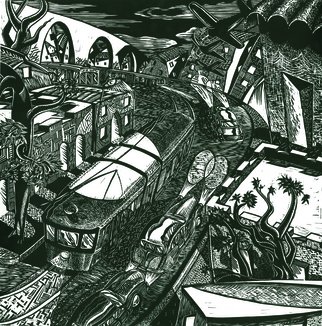 Geo Sipp: 'Trams in Algiers', 2012 Woodcut, World Conflict.  Trams in Algiers is a woodcut, illustrating an abstracted view of the city of Algiers during the French- Algerian War. The image is part of a graphic novel entitled Wolves in the City, which I am currently illustrating. ...