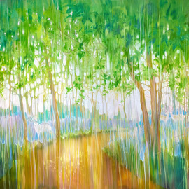 Gill Bustamante: 'renewal of springtime', 2024 Oil Painting, Ethereal. Artist Description: Renewal of Springtime is a large joyful semi- abstract painting of a bluebell wood with a river winding through it. It is 60x36x1. 5 inches. A white fallow deer buck stands on the left looking across the river to two female deer on the right. There are strong ...
