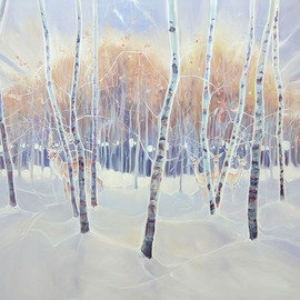 Gill Bustamante: 'south downs winter with deer', 2023 Oil Painting, Landscape. Artist Description: South Downs Winter is a large panoramic oil painting of deer and silver birch trees in snow with the South Downs Hills in the background. It is 60x36x1. 5inches. The painting was inspired by a particular spot on the hills in East Sussex near Amberley. There is a ...