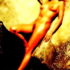 Gottfried In Berlin: 'Bronzed, Naked at the Portal', 1995 Other Photography, nudes. Artist Description:  female, woman, young, blonde, classic, nude, naked, fire, portal, yellows, ...