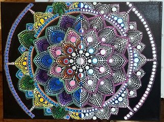 Michelle Satterlee: 'half color half white', 2020 Acrylic Painting, Mandala. This Hand painted Mandala was inspired by the Ying and Yang sign. I wanted half of the Mandala to represent blank, white space and the color to mean full, bright space. ...