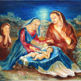 Hana Grosova: 'Holy Night', 2006 Oil Painting, Biblical. Artist Description:  This picture is painted in accordance with Bible and it shows Jesus with Maria and Joseph in the night landscape. There are also two prey persons. ...