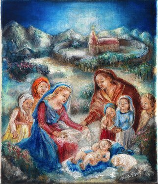 Hana Grosova: 'Holy family', 2005 Oil Painting, Children.  Jesus Child with his family and persons around. ...