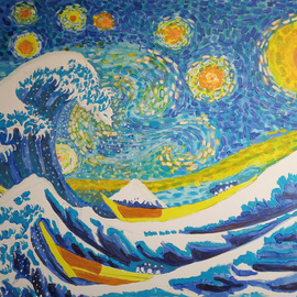 Bo Leng: 'Great Wave in Starry Night ', 2021 Oil Painting, Landscape. Artist Description: Great Wave in Starry Night is 1 of 3 works in a series under planning.  It uses Pointillism similar short strokes to translate Vincent van Goghs Starry Night and Graffiti plus traditional Chinese freehand paintings skills to interprete Katsushika Hokusai The Great Wave Off Kanagawa and seamlessly merge ...