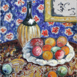 Elena Zhogina: 'Still life with fruit and carafe, copy by Alexandra Exter', 2010 Oil Painting, Still Life. Artist Description: Alexandra Exter a painter from Ukraine of mid 20th century whom I greatly admire. She is considered to be one of the first Russian cubists. But for me revelation was to see how she developed her style of expressing movement of color and change of color forms. Its ...