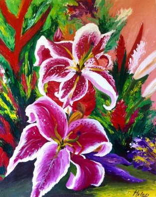 Helen Bellart: 'Tropical garden', 2015 Acrylic Painting, Fauna.   exotic, flowers, orchidea, painting, contemporary art, artwork,        Original painting - Format: 73cmx 60cm - oil on canvas, stretched on a wooden frame - The work is signed on the front and back. - Sealed with protective lacquer. The painting is a beautiful piece of painter Helen Bellart 