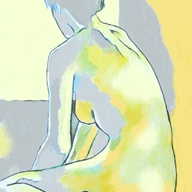 Helena Wierzbicki: 'gilded light', 2024 Acrylic Painting, Abstract Figurative. Artist Description: A person is depicted in a seated pose with their back to the viewer, evoking a sense of contemplation or rest. The use of bright yellow and blue tones gives the artwork a vivid, almost ethereal quality. ...