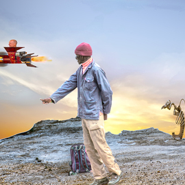 Herman Van Bon: 'the hitchhiker', 2016 Digital Photograph, Surrealism. Artist Description: Composite photo of a hitchhiker across the road together with a few sculptures of local artist Uhlrich Riek and in the  spaceship  you see recycle artist Jan Vingerhoets from Baardskeerdersbos. The spaceship is assembled of different elements in his own scrapyard.  in black frame ...