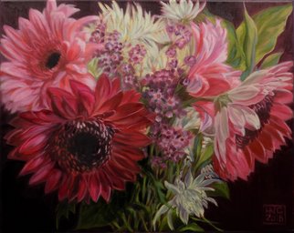 H. N. Chrysanthemum: 'Flowers XI', 2018 Oil Painting, Floral. original oil painting, flower, floral, gerber daisies, pink, white, red...