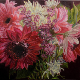 H. N. Chrysanthemum: 'Flowers XI', 2018 Oil Painting, Floral. Artist Description: original oil painting, flower, floral, gerber daisies, pink, white, red...