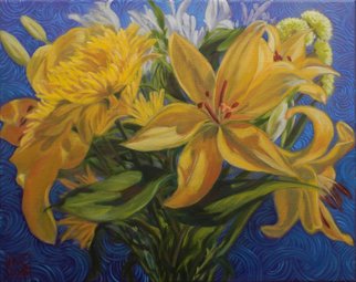 H. N. Chrysanthemum: 'Flowers XII', 2018 Oil Painting, Floral. original oil painting, flowers, floral, lily, lilies, chrysanthemum, yellow, blue...