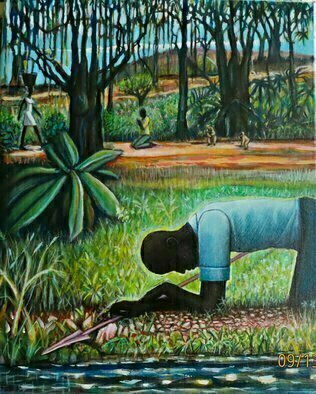 Hampton Olfus: 'working playing and praying', 2020 Acrylic Painting, Ethnic. This art work is a visual of what animals on all levels do, in some form or another.  The female s work is never done, while the male mixes his duties, and the youths of all species play. ...