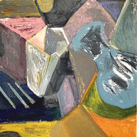Howard Brotman: 'Inside Out', 2017 Oil Painting, Abstract Figurative. Artist Description: Inside Out - - A gathering of basic forms.  Warm light and cool shadows defining the structures in the space.  Orange blue pink yellow green.  Note, in the room simulation image the ratio of the art to the objects in the picture may not be accurate.  The actual art size ...