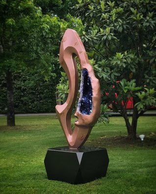 Hunter Brown: 'eros', 2020 Steel Sculpture, Abstract. Modern metal sculpture with copper finish incorporating a large amethyst geode. The design is the first of a new series exploring the merging of man made material with fine mineral specimen. ...