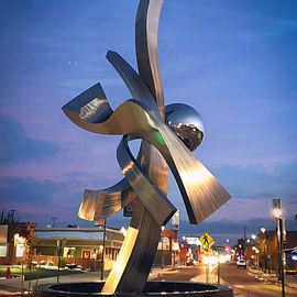 Hunter Brown: 'reciprocity', 2021 Steel Sculpture, Abstract. Artist Description: Reciprocity is a 30  stainless steel sculpture designed and commissioned for the City of Reno, Nevada. We were awarded the project for the Midtown Gateway Roundabout Project in 2020 and installed the piece last November. ...