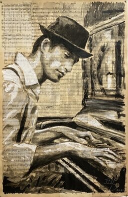 Ihor Chabanov: 'jazz pianist', 2022 Ink Painting, Music. The picture is painted in acrylic paints on old glued musical pages. ...