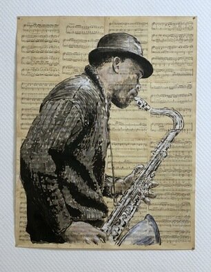 Ihor Chabanov: 'street musician', 2022 Ink Painting, Music. The picture is painted in acrylic paints on old glued musical pages. ...