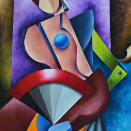 Irina Laskin: 'Lady with fan', 2015 Oil Painting, Figurative. Artist Description:      Fine art, cubism, women, shapes, eyes, mask, face, body, hair, portrait, shades, drapes     ...