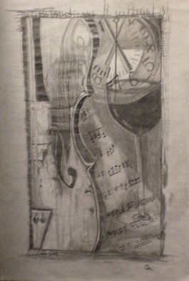 Eve Co: 'Violin Shadows', 2011 Pencil Drawing, Abstract Figurative. Title Violin ShadowsCompleted 01022011Size 12 x 18GraphiteAbstract shapes, dark, penciled and graphite drawing.  Each shape melds into the other.  School clock, wine glass, violin, and sheet music. ...