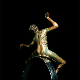 Martin Glick: '  Puck', 2011 Bronze Sculpture, Dance. Artist Description:  Puck is a character in both the play and the ballet A Midsummers Night DreamPuck is an impish character that is very wise.  This sculpture is a patinated bronze dancer on top of a chrome plated steel hoop.  ...