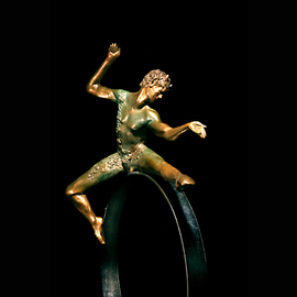 Martin Glick: '  Puck', 2011 Bronze Sculpture, Dance. Artist Description: Puck is a character in both the play and the ballet A Midsummers Night DreamPuck is an impish character that is very wise.  This sculpture is a patinated bronze dancer on top of a chrome plated steel hoop.  ...