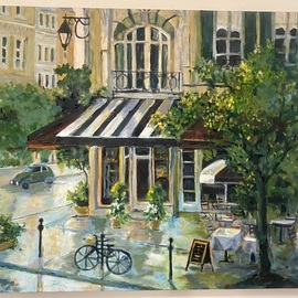 Jacqueline Weegels: 'french corner cafe original', 2019 Oil Painting, Cityscape. Artist Description: A Parisian cafe scene with  an  old  bike and 2CV. Painted from a beloved and worn out set of place mats and used creative license to add and change slightly. ...
