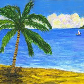 James Parker: 'Palm and Boat', 2003 Acrylic Painting, Seascape. Artist Description: Bright colorful painting of a palm on the shore with a bright blue sea and boat in the distance. ...