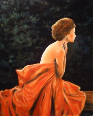 Jane Friday: 'Evening Twilight', 2008 Oil Painting, Figurative.  Draped woman sitting on a bench at twilight time. ...