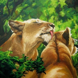 Janet Page: '2 Lionessses Preening', 2014 Oil Painting, Wildlife. Artist Description:  Wildlife, Lion, Lioness, Love, Preening,Cats, Big Cats, African Lion,  ...