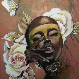 Janice Park: 'beauty', 2018 Acrylic Painting, Ethnic. Artist Description: African American woman with gold highlights around her eyes. Flowers and a butterfly frames her face....