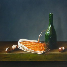 Jan Teunissen: 'Bottle with corn and chestnuts', 2010 Oil Painting, Still Life. Artist Description:  Bottle with corn and chestnutsOilpainting on board...