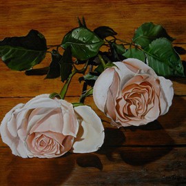 Jan Teunissen: 'Roses on wood  ', 2010 Oil Painting, Floral. Artist Description: Roses on woodOilpainting on board...