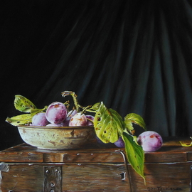 Jan Teunissen: 'plums in a rusty dish on a box', 2018 Oil Painting, Still Life. 
