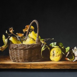 Jan Teunissen: 'still life basket and quinces', 2017 Oil Painting, Still Life. Artist Description: Basket quinces fruit Oilpainting on board...