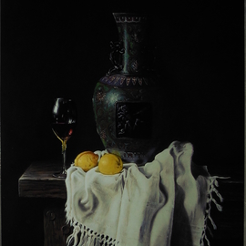 Jan Teunissen: 'still life with cloisonnevase', 2018 Oil Painting, Still Life. Artist Description: citroenen wijnglas and wine glass c lemons cloisonne- vase ...