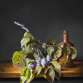 Jan Teunissen: 'still life with plums and jug', 2017 Oil Painting, Still Life. Artist Description: Oilpainting on board...