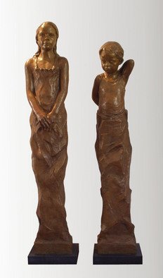 Bruce Naigles: 'brother and sister', 2006 Bronze Sculpture, Children.  These 2 sculptures evolved out of a dialogue with the childrens'father and myself. They began as 2 busts but with a desire to create something new.The dimensions of the 2 are: 163 x 30 x 21 and 148 x 27 x 21 cm. They are mounted on black...