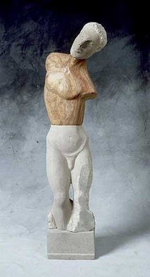 Jane Jaskevich: 'Kouros Revisited', 2003 Stone Sculpture, Figurative. This sculpture borrows from the Archaic Greek idea of the perfect male figure the kouros. I have added modern elements in the combining of different stones, the unfinished sides and the exposed edges. The sculpture is made of a limestone head, alabaster torso and limestone lower body and base. Four ...