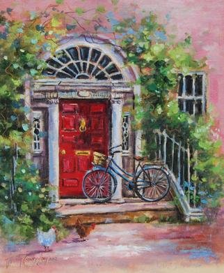 Jacinta Crowley_long: 'Visiting Aunt Hyacinth', 2012 Oil Painting, Home.  Red Doorway, Georgian Door, Bicycle, Visiting, Wisteria, steps    ...