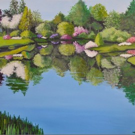 Janet Glatz: 'asticou gardens acadia', 2020 Oil Painting, Landscape. Artist Description: Azaleas and flowering trees adorn the shores of this glassy pond in Acadia National Park. ...