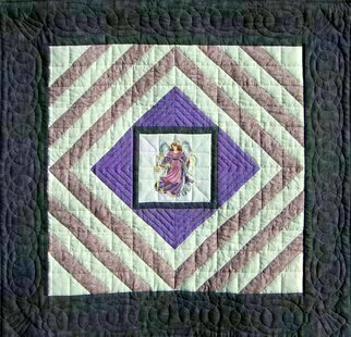 Jean Judd: 'Purple Angel', 2004 Textile Art, Representational.  Part of my ongoing series featuring hand cross stitched center medallions.  Hand quilted and hand bound.Artwork is accompanied by a Certificate of Authenticity signed by the artist.Exhibition History - - Mixed Sampler Quilt Guild Show, Siren Wisconsin, September 30- October 1, 2006.- - Juried into the Sacred Threads 2007 quilt show...