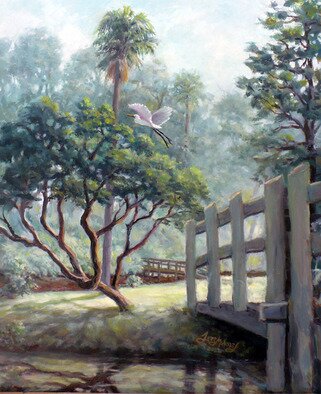 Jerry Maloney: 'lift off', 2022 Oil Painting, Impressionism. The scene is painted on location from the Brooker Creek Wildlife Preserve just before the entrance to the elevated boardwalk that meanders through the swamp area on the east side of Lake Tarpon near Tarpon Springs Florida. ...