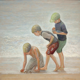 Judith Fritchman: 'crab patrol', 2018 Oil Painting, Figurative. Artist Description: Three young cousins make a happy discovery at the beach. ...