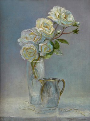 Judith Fritchman: 'silver and gold', 2015 Oil Painting, Still Life. A study of white roses and silver. ...